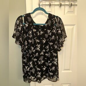 Lane Bryant Cold Shoulder Black Floral Flutter Sleeve Blouse
